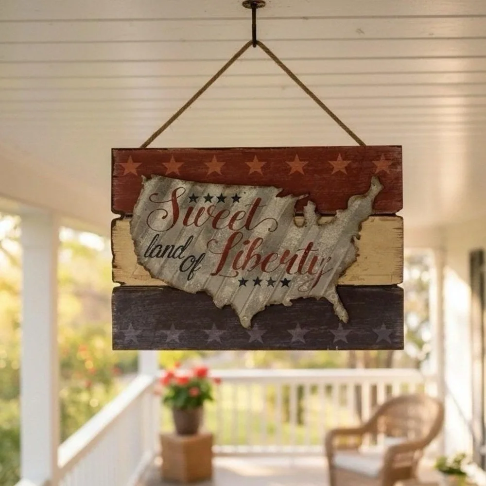 Sweet Land‎ of Liberty USA Map Metal Wood Patriotic Wall Sign Decor Americana